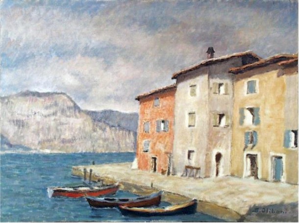 This wonderful painting by Silvio Oliboni (1912-1976), was created at Lake Garda in 1937. Do you recognize this place?